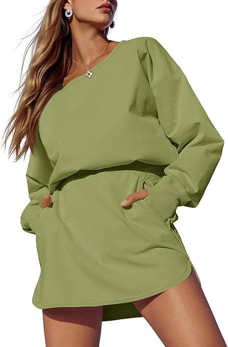 Fisoew Womens Long Sleeve Athletic Dress Backless Keyhole Built-in Shorts Oversized Workout Active Dresses Army Green