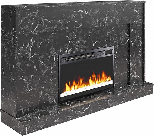 CosmoLiving by Cosmopolitan Liberty 52 Inch Electric Fireplace with Mantel, Replaceable Fireplace Insert Heater, Remote Control, Timer, Color Changing Crystal Ember Flames, Black Marble