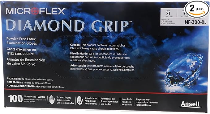 Microflex MF300XL Powder Free Diamond Grip Latex Gloves XL (100 Gloves per Box) (2 Pack)