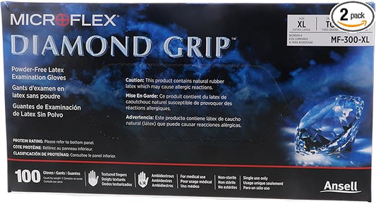 Microflex MF300XL Powder Free Diamond Grip Latex Gloves XL (100 Gloves per Box) (2 Pack)