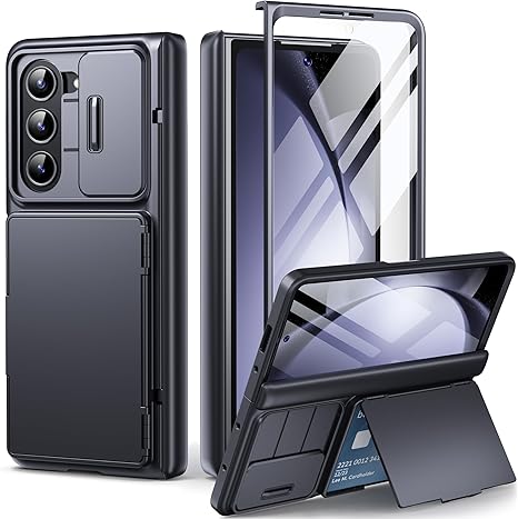 TONGATE for Samsung Galaxy Z Fold 5 Case with Card Holder & Hinge Protection, Built-in Slide Camera Cover & Screen Protector, Full Cover Wallet Phone Case for Samsung Z Fold 5 (Black)