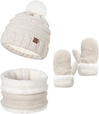 Toddler Hat Scarf And Glove Set Boy Girl Winter Pom Beanie Hat Neck Warmer Tube Mitten Gloves Ages 2-4 2t-4t 3-5 Fleece Lined