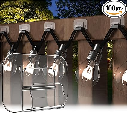 100Pack Large Hooks for Outdoor String Lights Clips - Waterproof, No-Damage, Adhesive Hooks for Christmas, Patio, Garden, Porch, Balcony Decor, Cable Gutter Holders for Hanging