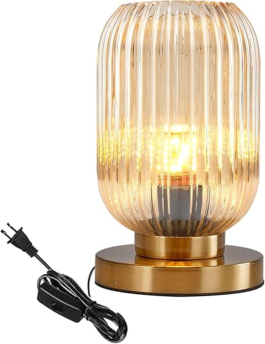 Bedside Table Lamp Mid Century Glass Table Lamps Modern Globe Table lamp Gold Desk lamp nightstand lamp with Amber Pumpkin Design with Ribbed Glass Shade for Bedroom Living Room Office