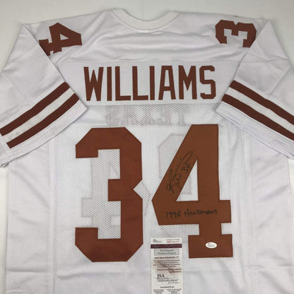 Autographed/Signed Ricky Williams 1998 Heisman Texas Longhorns White Football Jersey JSA COA