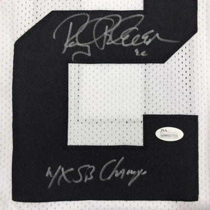 Framed Autographed/Signed Rocky Bleier 4x SB Champ 35x39 Pittsburgh White Football Jersey JSA COA