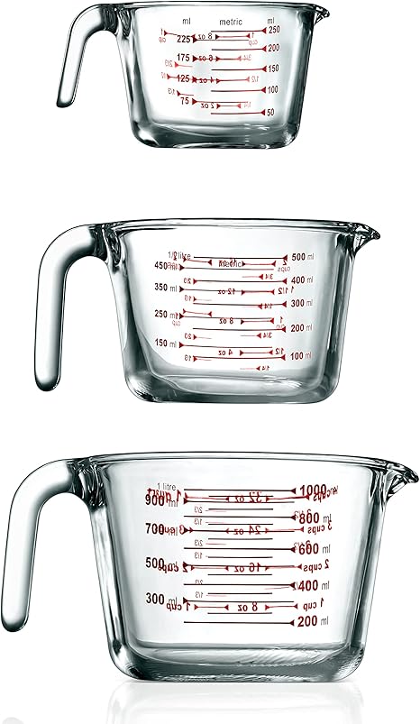 NutriChef 3 Pieces Measuring Cups - BPA-Free Premium Heat Resistant Borosilicate Glass Measuring Cups w/ Handle, Precise Measurement w/ Oz & Ml Scale, in 250ml 500ml & 1000ml, Microwave & Oven Safe