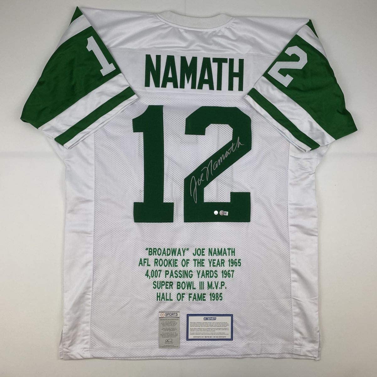 Autographed/Signed Joe Namath New York White Stat Football Jersey Steiner Sports COA