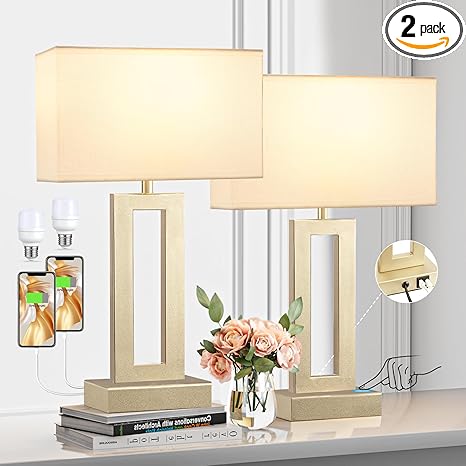 Bedroom Table Lamps Set of 2 - Touch Bedside Lamps with USB C+A, 3 Way Dimmable Gold Lamp for Nightstand, Modern Night Stands Lamps for Living Room End Tables Desk Bed Side Study Room(19.6in)
