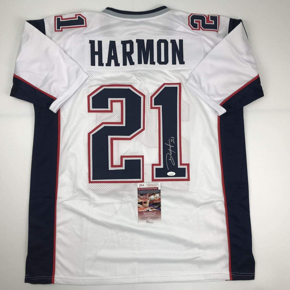 Autographed/Signed Duron Harmon New England White Football Jersey JSA COA