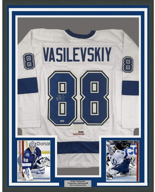 Framed Autographed/Signed Andrei Vasilevskiy 35x39 Tampa Bay White Hockey Jersey PSA/DNA COA