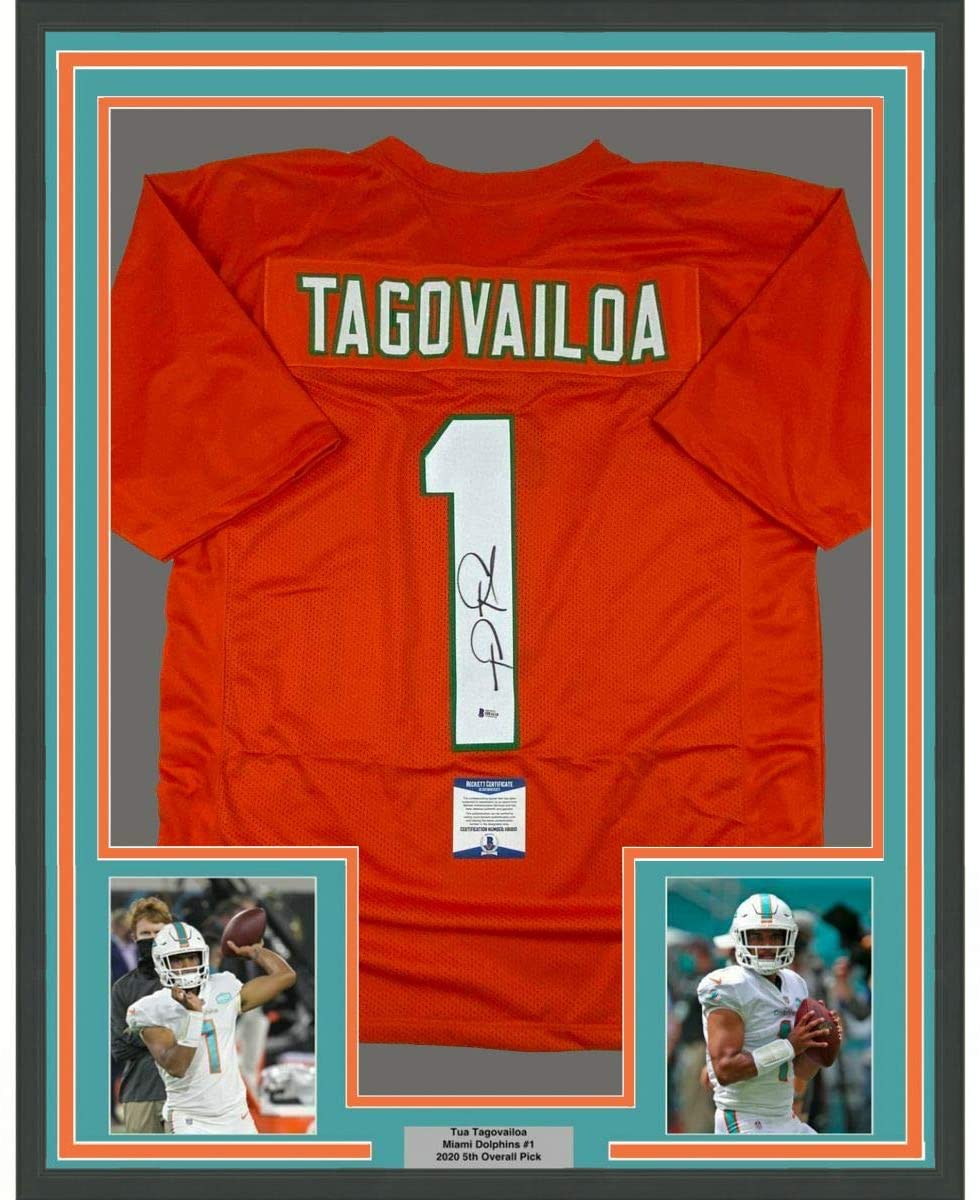 Framed Autographed/Signed Tua Tagovailoa 35x39 Miami Orange Football Jersey Beckett BAS COA