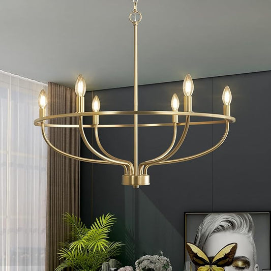 6-Light Gold Chandelier Vintage Candle Chandelier Dining Room Chandelier Over Table for Bedroom, Living Room, Kitchen, 28.54in, E12