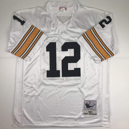 Autographed/Signed Terry Bradshaw Pittsburgh White Football Jersey Beckett BAS COA