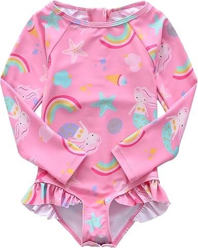 Baby Girls One Piece Swimsuits Long Sleeve Rash Guard Swimshirts Kids Sun Protection Bathing Suits