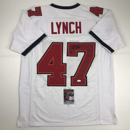 Autographed/Signed John Lynch Tampa Bay White Football Jersey JSA COA