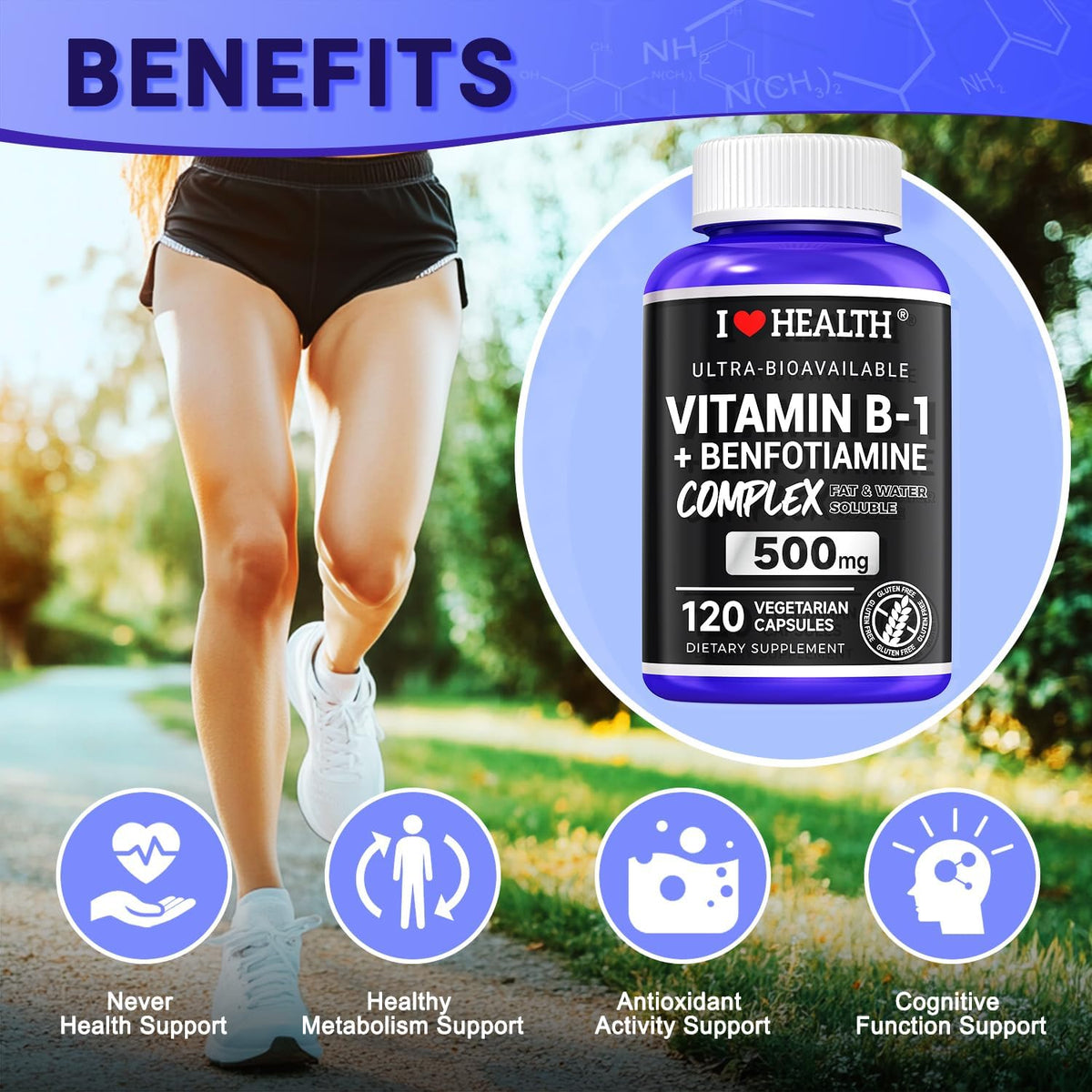 I Love Health Vitamin B1 500mg with Benfotiamine 20mg, 120 Capsules – 2 in 1 B-1 Complex Enhanced Formula – Fat & Water Soluble Thiamine B1 Supplement – Third Party Lab Tested, Non-GMO, No Gluten, MADE In USA