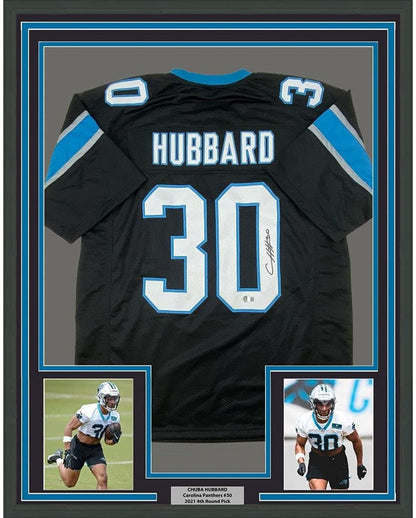 Framed Autographed/Signed Chuba Hubbard 35x39 Carolina Black Football Jersey Beckett BAS COA