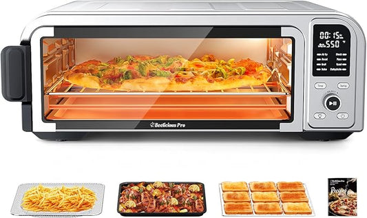 Beelicous Pro 19QT Digital 8-in-1 Air Fryer Toaster Oven, 550•�F Flavor-Lock Tech, Flip Up & Away Capability, 40+ Recipes, Airfryer Countertop Oven Combo, 4 Accessories, Fit 13" Pizza, Stainless Steel