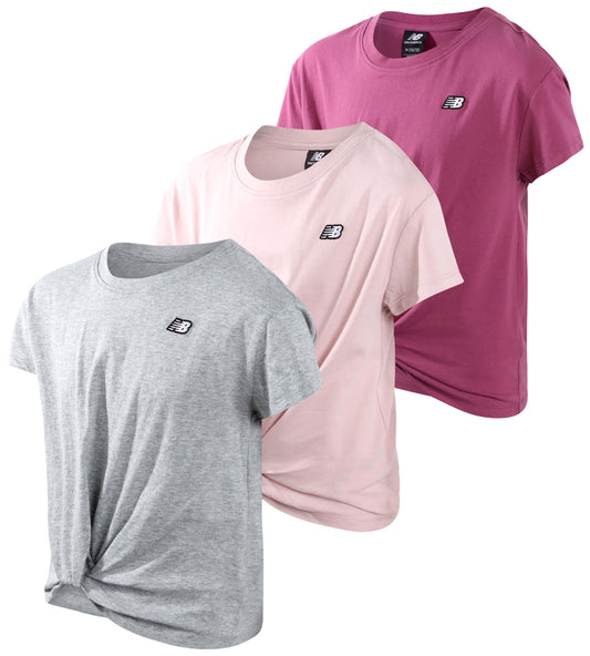 New Balance Girls' Athletic T-Shirt - 3 Pack Active Performance Sports Tee Bundle (7-16), Size 14-16, Grey/Pink/Scorpio