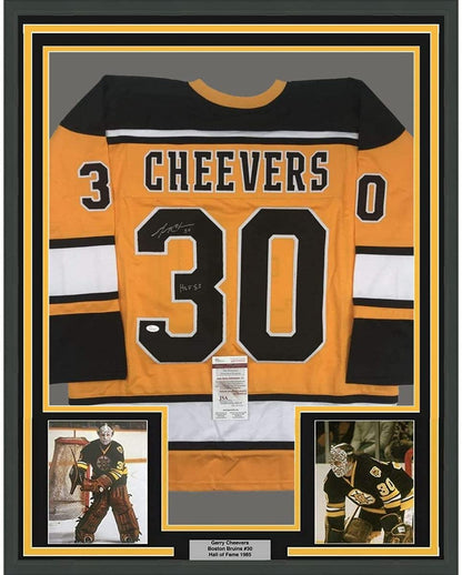 Framed Autographed/Signed Gerry Cheevers HOF 85 35x39 Boston Yellow Hockey Jersey JSA COA