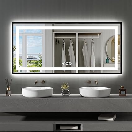 Amorho 60"x 28" Black LED Mirror for Bathroom, Front Light and Backlit Framed Mirror, Stepless Dimmable, Anti-Fog, Shatter-Proof, Memory, 3 Colors, Double LED Vanity Mirror
