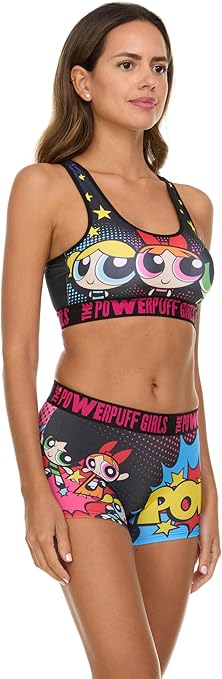 The Powerpuff Girls WomenŠ—Ès Sports Bra and Boxer Briefs Underwear Set with Racerback and Removable Pads,