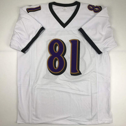Autographed/Signed Anquan Boldin Baltimore White Football Jersey Beckett BAS COA