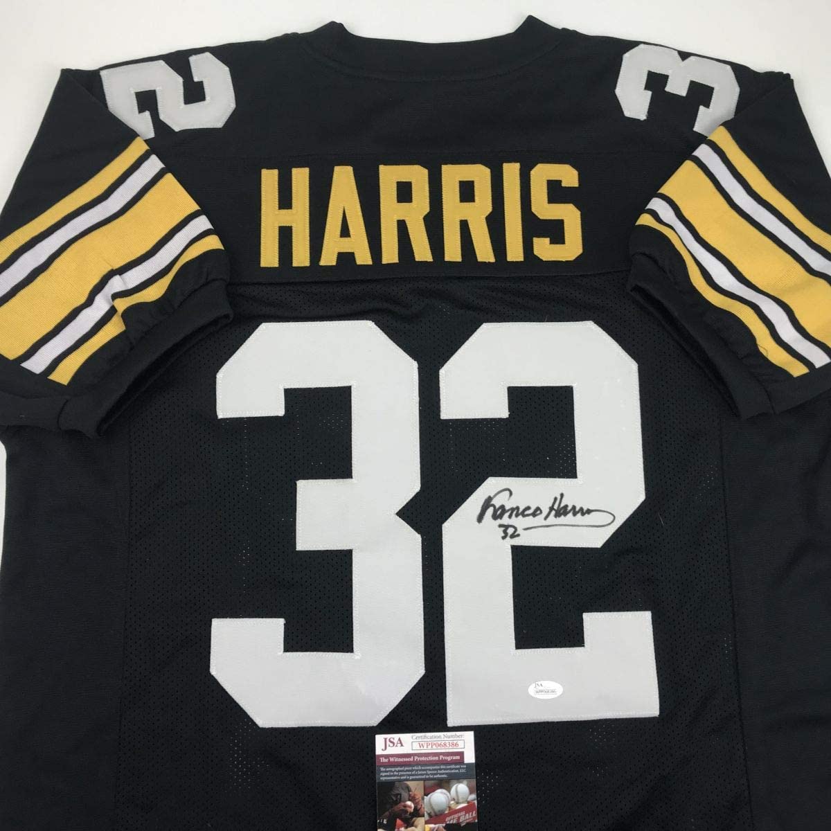 Autographed/Signed Franco Harris Pittsburgh Black Football Jersey JSA COA