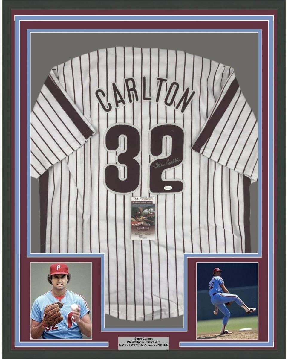 Framed Autographed/Signed Steve Carlton 35x39 Philadelphia Pinstripe Baseball Jersey JSA COA