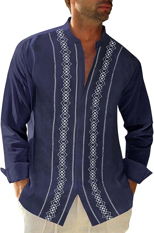 Cuban Guayabera Shirts for Men Short/Long Sleeve Casual Button Down Shirt Band Collar Beach Camp Mexican Shirt