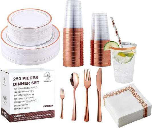 250 Count Rose Gold Disposable Plastic Dinnerware Set, 50 Rose Gold Plastic Plates, 25 Plastic Silverware, 25 Rose Gold Cups and Straws, 50 Napkins, Perfect for Wedding Party