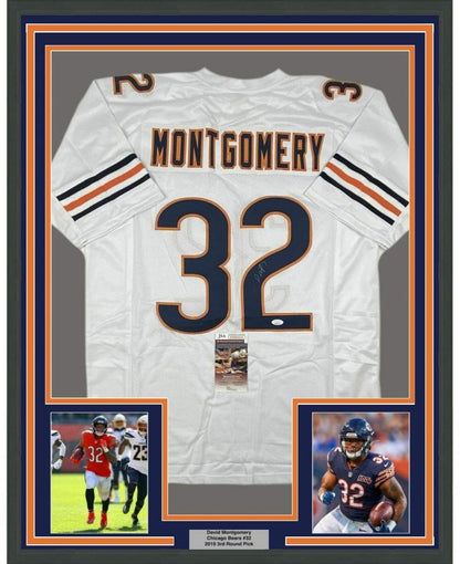 Framed Autographed/Signed David Montgomery 35x39 Chicago White Football Jersey JSA COA