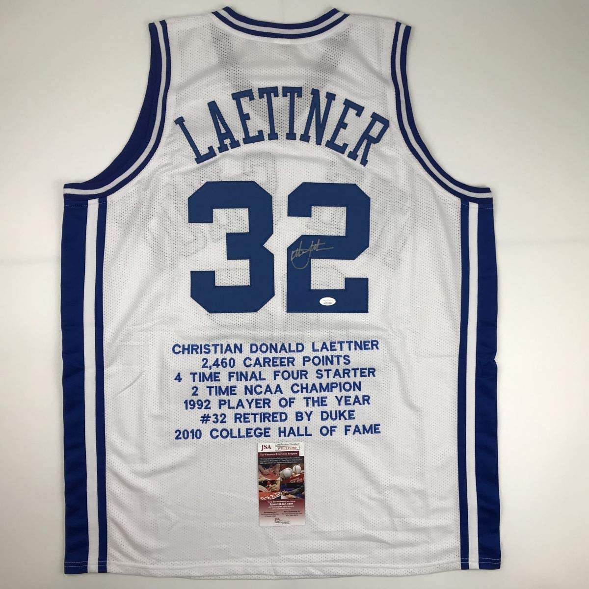 Autographed/Signed Christian Laettner Duke White Stat The Shot College Basketball Jersey JSA COA