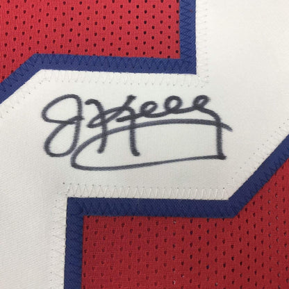 Framed Autographed/Signed Jim Kelly 35x39 Buffalo Bills Red Football Jersey JSA COA