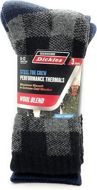 Dickies Genuine Men___s 3-Pairs Steel Toe Crew Performance Thermals Socks, Wool Blend , Multicolor (Gray, Navy & Black) Pack of 1
