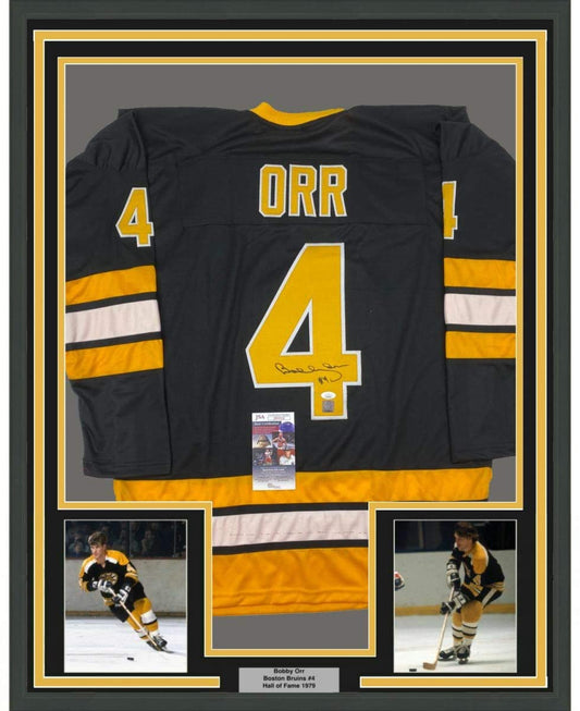 Framed Autographed/Signed Bobby Orr 35x39 Boston Black Hockey Jersey JSA & GNR COA