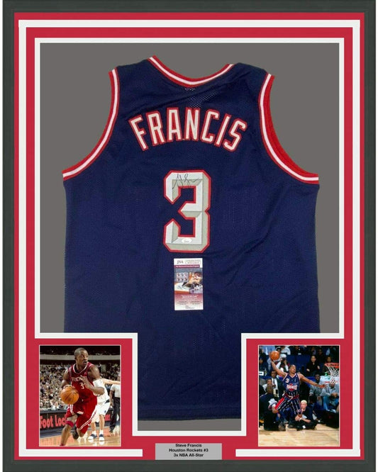 Framed Autographed/Signed Steve Francis 35x39 Houston Blue Basketball Jersey JSA COA
