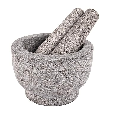 Mortar and Pestle Set, Heavy Duty, Unpolished Granite, 6 Inch-2Cup Capacity, Grinder for Spices and Seeds, Grinding, Crushing and Mashing Spices, Nuts, for Guacamole, Garlic Sauce, Gray.