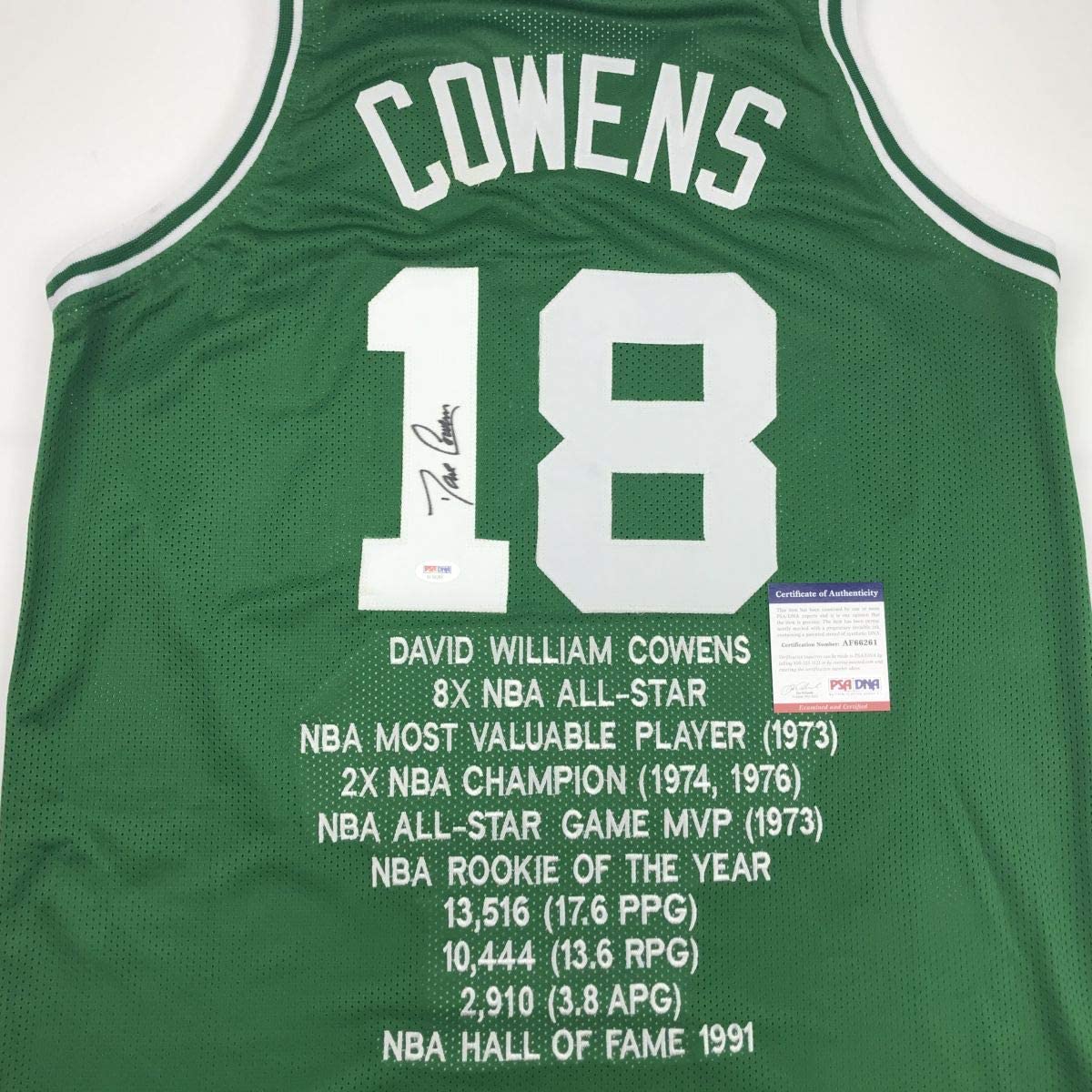 Autographed/Signed Dave Cowens Boston Green Stat Basketball Jersey PSA/DNA COA