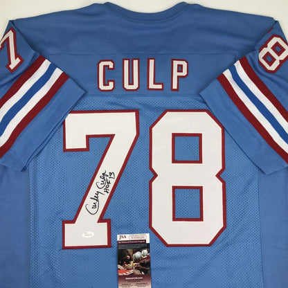 Autographed/Signed Curley Culp HOF 13 Houston Blue Football Jersey JSA COA