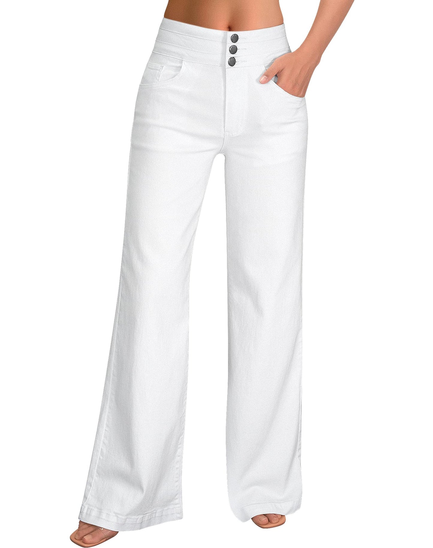 roswear Women’s Wide Leg Jeans Casual High Waisted Stretch Baggy Loose Denim Pants Army White Large