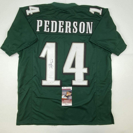 Autographed/Signed Doug Pederson SB LII Philadelphia Green Football Jersey JSA COA