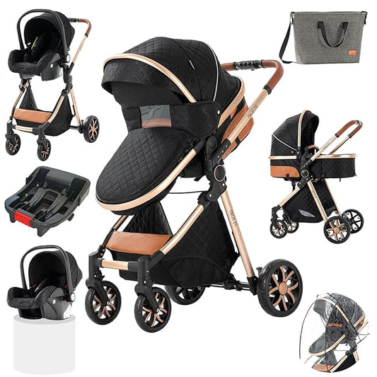 3 in 1 Baby Stroller Travel System, Reversible Newborn Foldable Pram, Infant High Landscape Pushchair, Portable Standard Stroller, Reclining Buggy, Baby Carriage (UDV9-BLACKGOLD with Base)