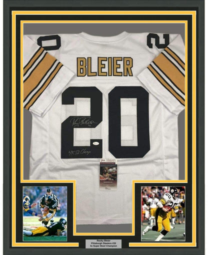 Framed Autographed/Signed Rocky Bleier 4x SB Champ 35x39 Pittsburgh White Football Jersey JSA COA