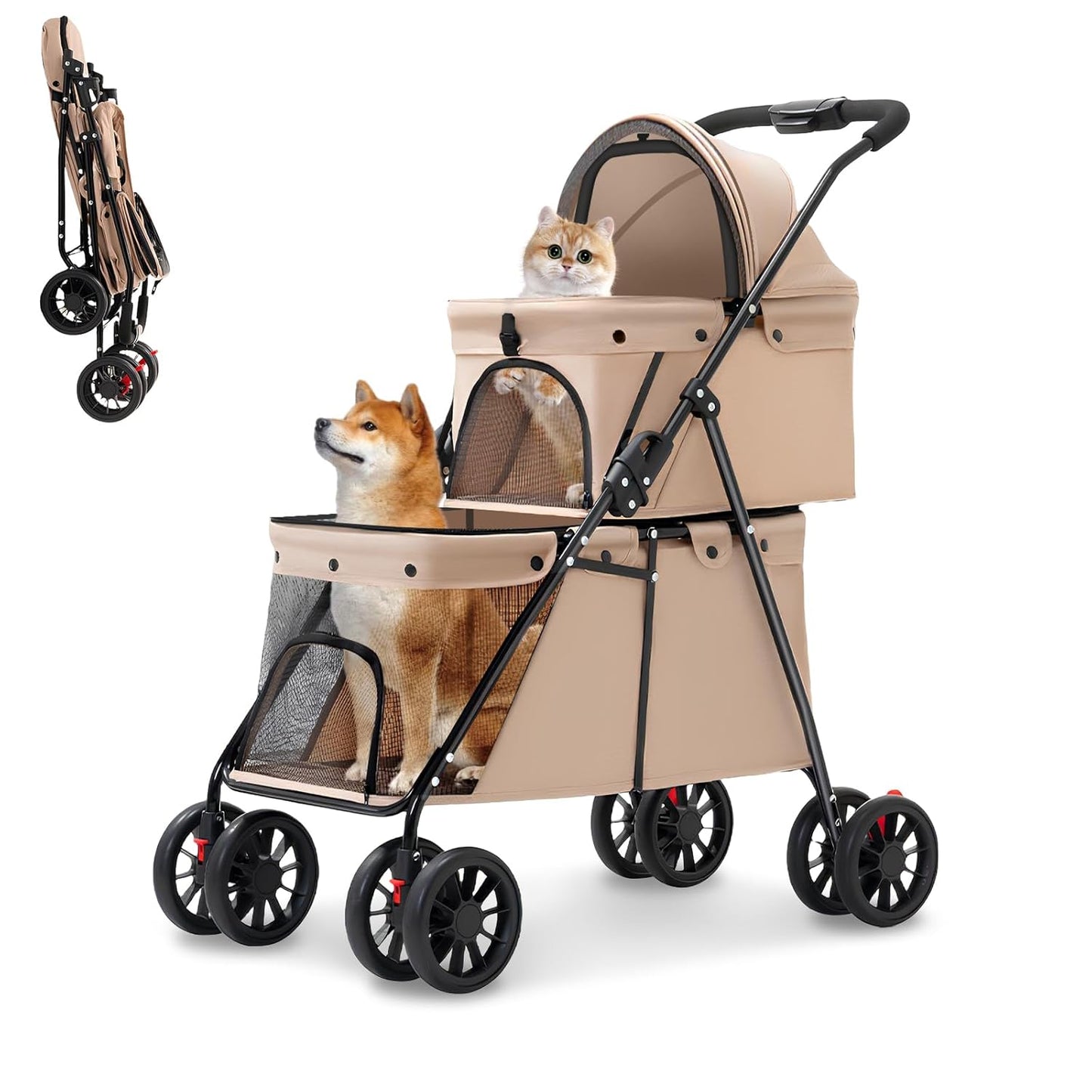 Double Pet Stroller + Foldable Beige Linen Breathable Design
