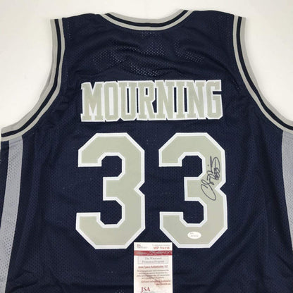Autographed/Signed Alonzo Mourning Georgetown Blue College Basketball Jersey JSA COA