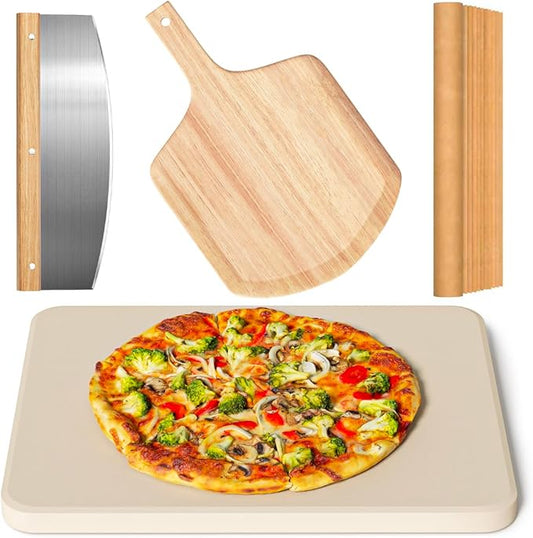 4 PCS Rectangle Pizza Stone Set, 15" Large Pizza Stone for Oven and Grill with Pizza Peel(OAK), Pizza Cutter & 10pcs Cooking Paper for Free, Baking Stone for Pizza, Bread, BBQ