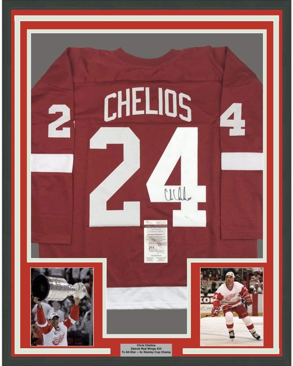 Framed Autographed/Signed Chris Chelios 35x39 Detroit Red Hockey Jersey JSA COA