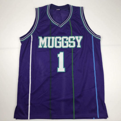 Autographed/Signed Muggsy Bogues Charlotte Purple Basketball Jersey PSA/DNA COA